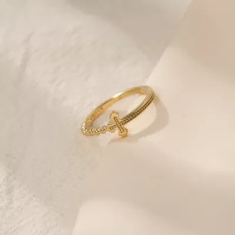 Lab Created 14K Yellow Gold Plated Sterling Silver Dainty Religious Cross Beaded Ring