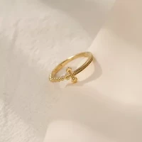 Lab Created 14K Yellow Gold Plated Sterling Silver Dainty Religious Cross Beaded Ring