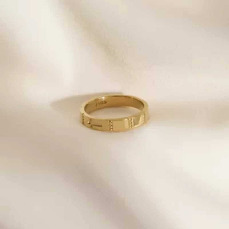 Lab Created 14K Yellow Gold Plated Sterling Silver Religious Carved Cross Band Ring