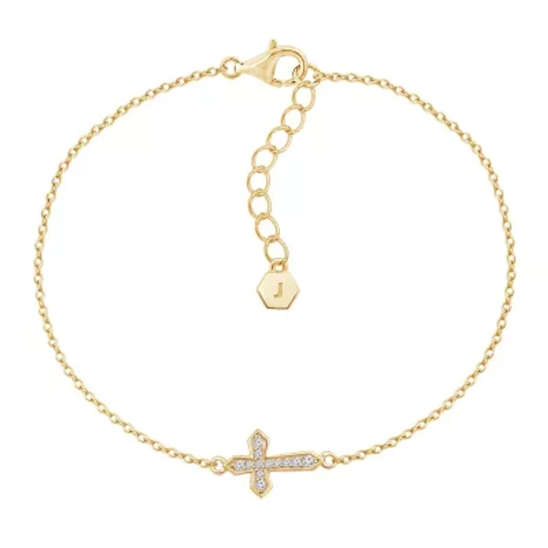 Lab Created 14K Yellow Gold Plated Sterling Silver Pave Vintage Sideway Religious Cross Bracelet