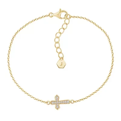 Lab Created 14K Yellow Gold Plated Sterling Silver Pave Vintage Sideway Religious Cross Bracelet