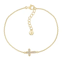 Lab Created 14K Yellow Gold Plated Sterling Silver Pave Vintage Sideway Religious Cross Bracelet