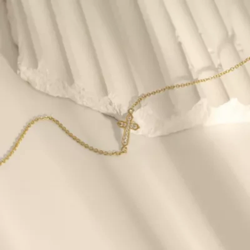 Lab Created 14K Yellow Gold Plated Sterling Silver Pave Vintage Sideway Religious Cross Bracelet