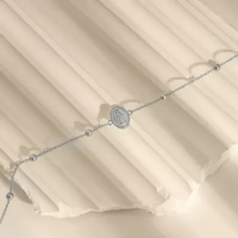 Lab Created Platinum Plated Sterling Silver Religious Christian Jewelry Mother Mary And Station Bead Bracelet