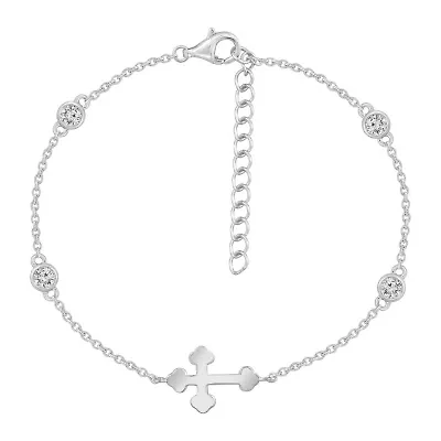 Lab Created Platinum Plated Sterling Silver Dainty Sideway Cubic Zirconia Station Bezel And Bottony Cross Bracelet