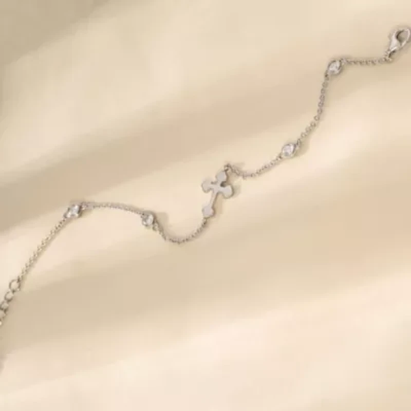 Lab Created Platinum Plated Sterling Silver Dainty Sideway Cubic Zirconia Station Bezel And Bottony Cross Bracelet