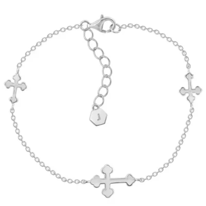 Lab Created Platinum Plated Sterling Silver Dainty Sideway Station Bottony Cross Bracelet