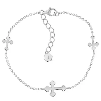 Lab Created Platinum Plated Sterling Silver Dainty Sideway Station Bottony Cross Bracelet