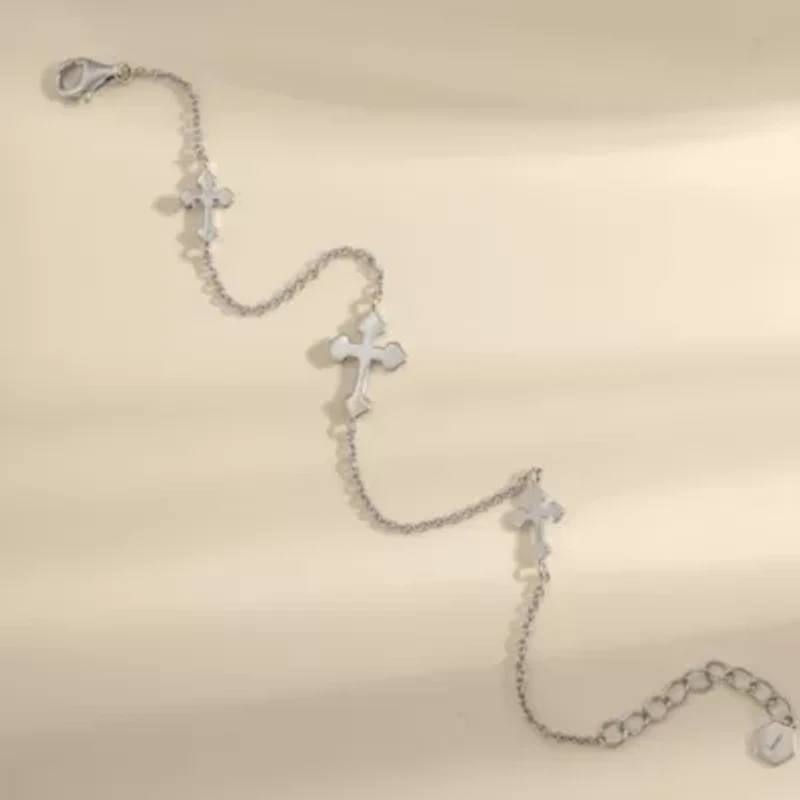 Lab Created Platinum Plated Sterling Silver Dainty Sideway Station Bottony Cross Bracelet