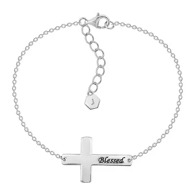 Lab Created Platinum Plated Sterling Silver Dainty Blessed Sideway Cross Bracelet