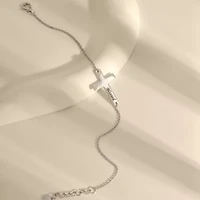 Lab Created Platinum Plated Sterling Silver Dainty Blessed Sideway Cross Bracelet