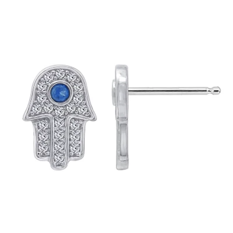 Lab Created Platinum Plated Sterling Silver Cubic Zirconia and Nano Sapphire Blue Dainty Pave Hamsa Hand Stud Earrings