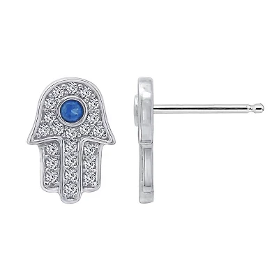Lab Created Platinum Plated Sterling Silver Cubic Zirconia and Nano Sapphire Blue Dainty Pave Hamsa Hand Stud Earrings