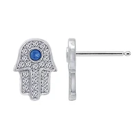 Lab Created Platinum Plated Sterling Silver Cubic Zirconia and Nano Sapphire Blue Dainty Pave Hamsa Hand Stud Earrings