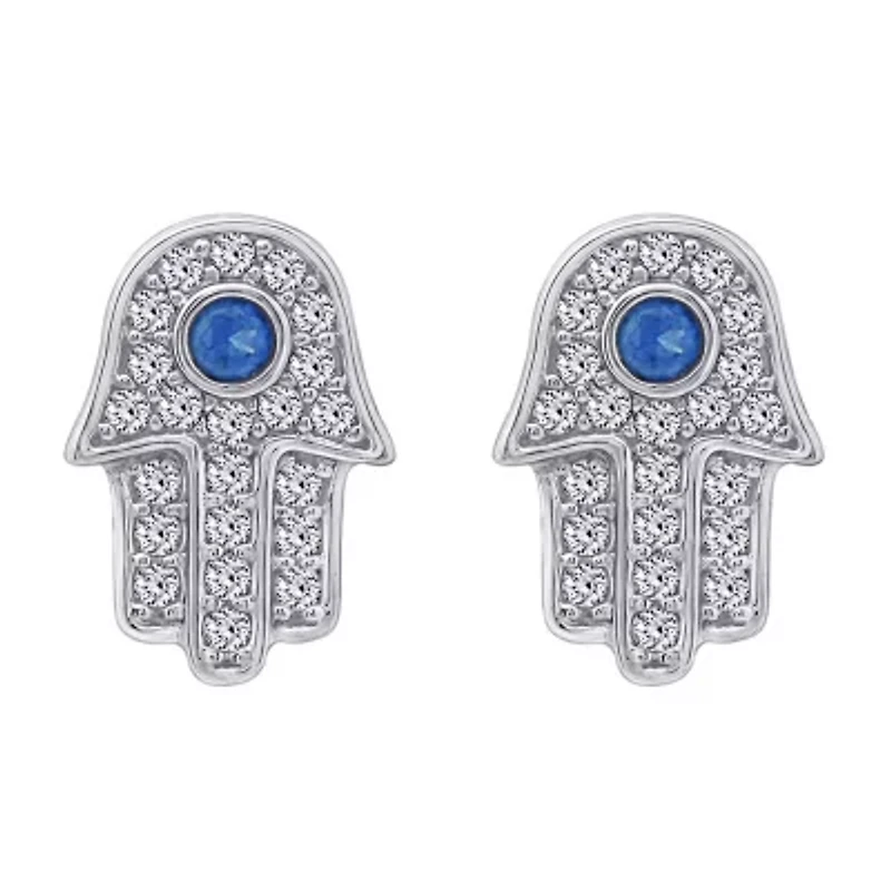Lab Created Platinum Plated Sterling Silver Cubic Zirconia and Nano Sapphire Blue Dainty Pave Hamsa Hand Stud Earrings