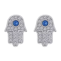 Lab Created Platinum Plated Sterling Silver Cubic Zirconia and Nano Sapphire Blue Dainty Pave Hamsa Hand Stud Earrings