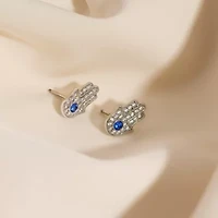 Lab Created Platinum Plated Sterling Silver Cubic Zirconia and Nano Sapphire Blue Dainty Pave Hamsa Hand Stud Earrings