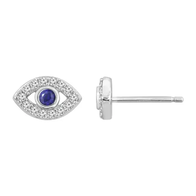Lab Created Platinum Plated Sterling Silver Synthetic Sapphire and Clear Cubic Zirconia Dainty Evil Eye Stud Earrings