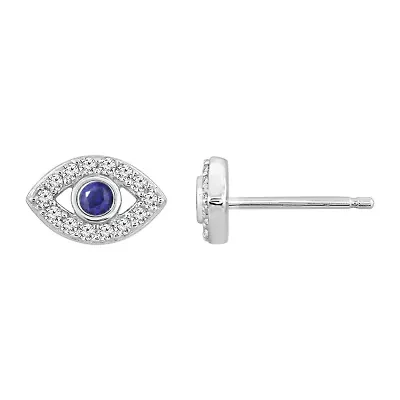 Lab Created Platinum Plated Sterling Silver Synthetic Sapphire and Clear Cubic Zirconia Dainty Evil Eye Stud Earrings