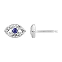 Lab Created Platinum Plated Sterling Silver Synthetic Sapphire and Clear Cubic Zirconia Dainty Evil Eye Stud Earrings