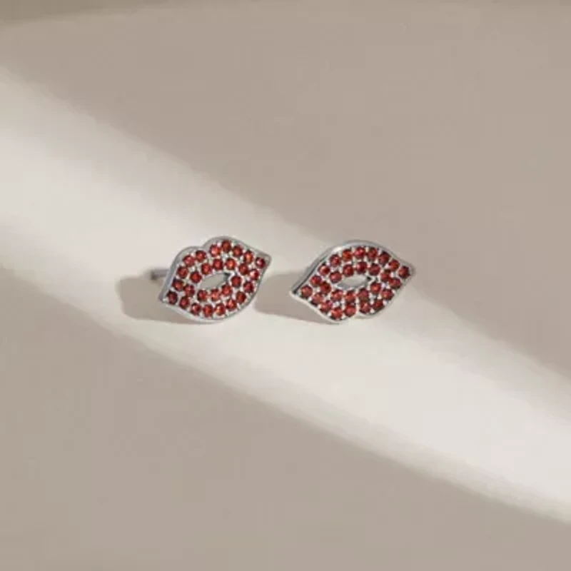 Lab Created Platinum Plated Sterling Silver Ruby Red Lip Earrings