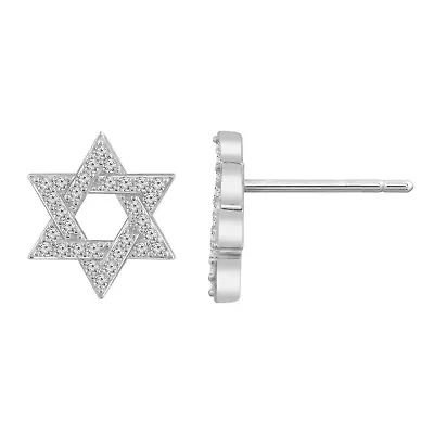 Lab Created Platinum Plated Sterling Silver Religious Round Brilliant Cubic Zirconia Pave Star Of David Stud Earrings