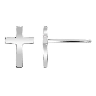 Lab Created Platinum Plated Sterling Silver Dainty Plain Classic Latin Cross Stud Earrings