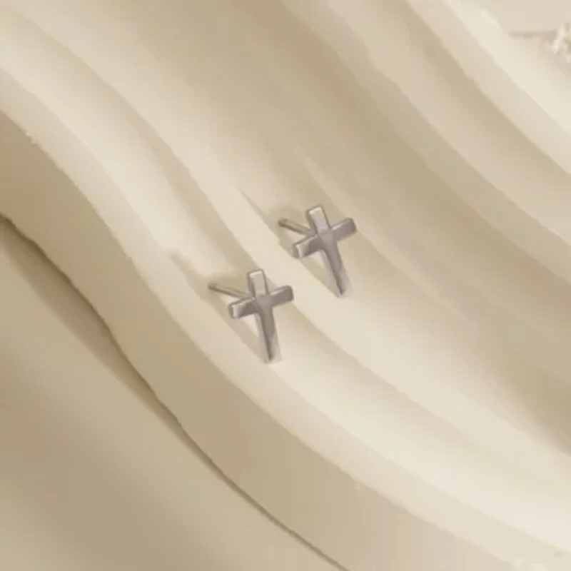 Lab Created Platinum Plated Sterling Silver Dainty Plain Classic Latin Cross Stud Earrings