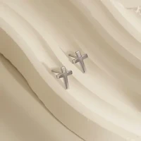 Lab Created Platinum Plated Sterling Silver Dainty Plain Classic Latin Cross Stud Earrings