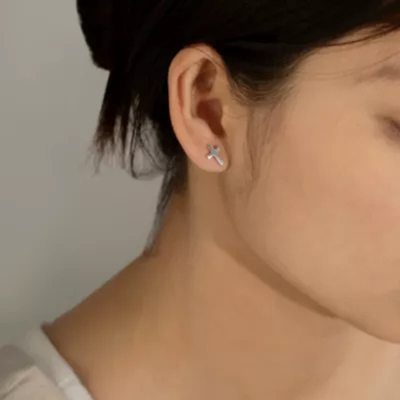 Lab Created Platinum Plated Sterling Silver Dainty Plain Classic Latin Cross Stud Earrings