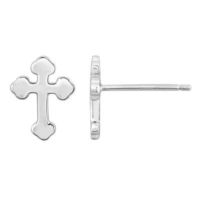 Lab Created Platinum Plated Sterling Silver Dainty Plain Bottony Cross Stud Earrings
