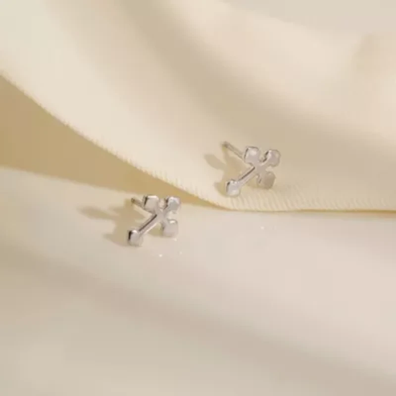 Lab Created Platinum Plated Sterling Silver Dainty Plain Bottony Cross Stud Earrings