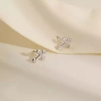 Lab Created Platinum Plated Sterling Silver Dainty Plain Bottony Cross Stud Earrings