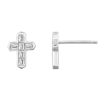 Lab Created Platinum Plated Sterling Silver Channel Religious Baguette Cut Clear Cubic Zirconia Cross Earrings
