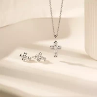 Lab Created Platinum Plated Sterling Silver Channel Religious Baguette Cut Clear Cubic Zirconia Cross Earrings