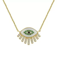 Lab Created 14K Yellow Gold Plated Sterling Silver Enamel Evil Eye With Cubic Zirconia Amulet Lucky Pendant Necklace