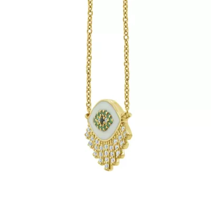 Lab Created 14K Yellow Gold Plated Sterling Silver Enamel Evil Eye With Cubic Zirconia Amulet Lucky Pendant Necklace
