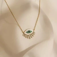 Lab Created 14K Yellow Gold Plated Sterling Silver Enamel Evil Eye With Cubic Zirconia Amulet Lucky Pendant Necklace