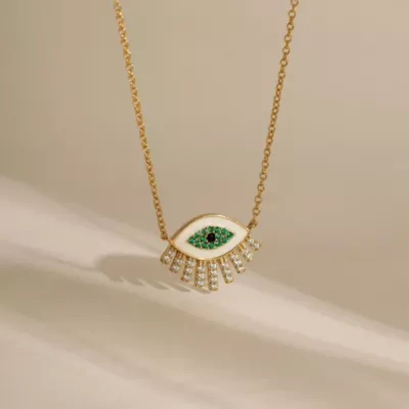 Lab Created 14K Yellow Gold Plated Sterling Silver Enamel Evil Eye With Cubic Zirconia Amulet Lucky Pendant Necklace