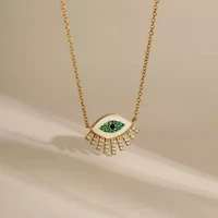 Lab Created 14K Yellow Gold Plated Sterling Silver Enamel Evil Eye With Cubic Zirconia Amulet Lucky Pendant Necklace