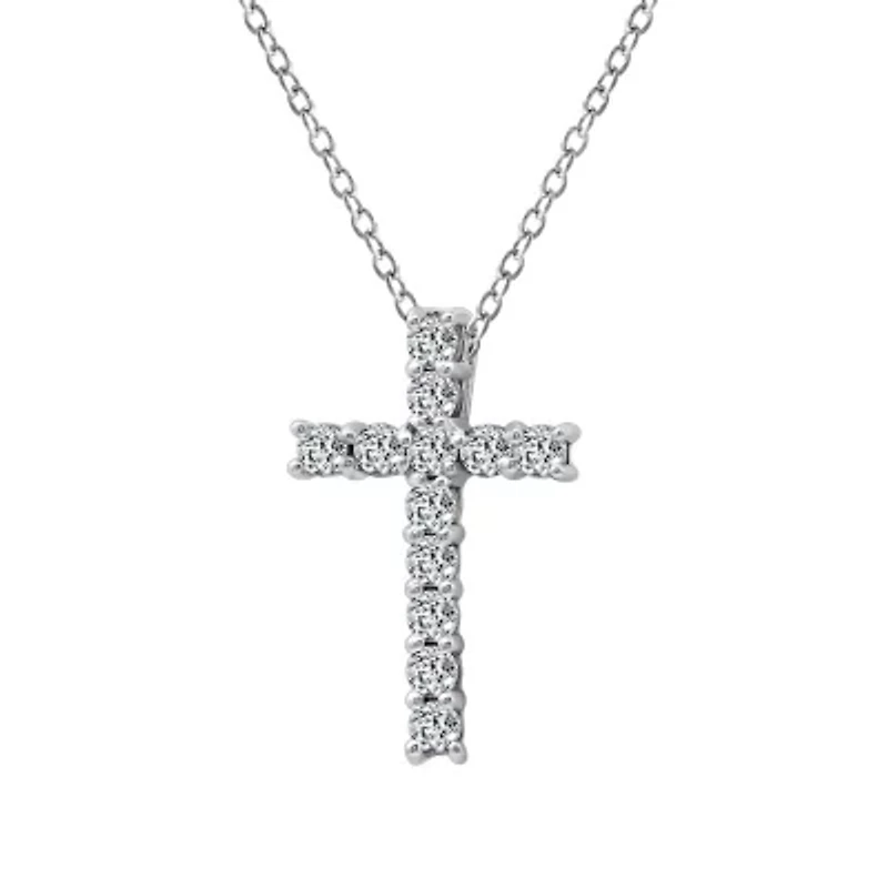 Lab Created Platinum Plated Sterling Silver cttw Religious Clear Cubic Zirconia Latin Cross Pendant Necklace