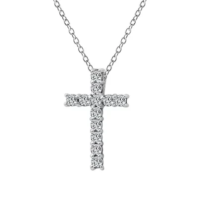 Lab Created Platinum Plated Sterling Silver cttw Religious Clear Cubic Zirconia Latin Cross Pendant Necklace
