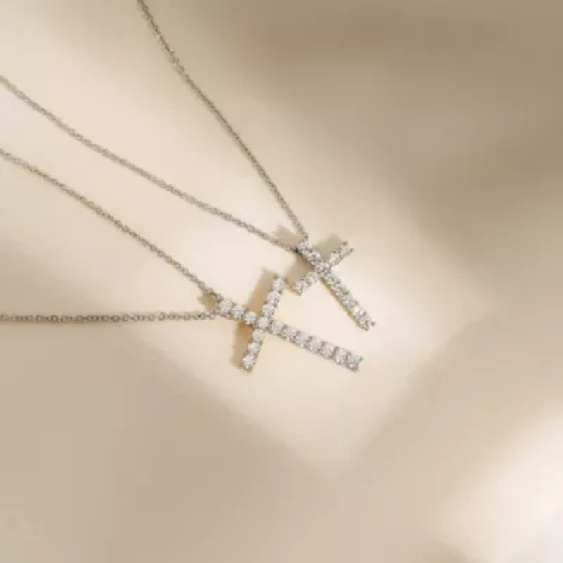 Lab Created Platinum Plated Sterling Silver cttw Religious Clear Cubic Zirconia Latin Cross Pendant Necklace