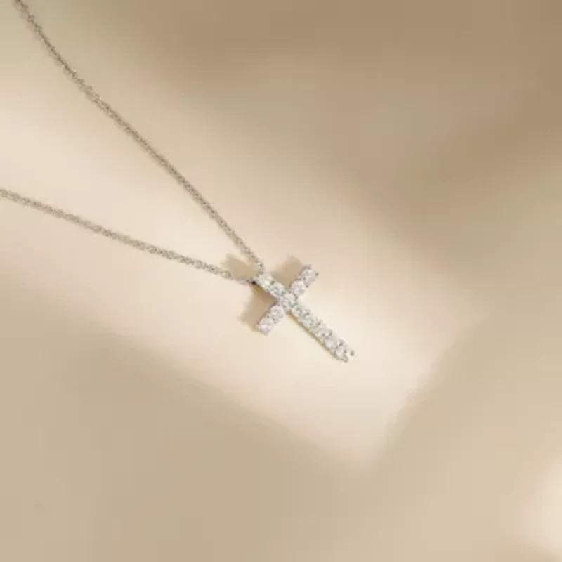 Lab Created Platinum Plated Sterling Silver cttw Religious Clear Cubic Zirconia Latin Cross Pendant Necklace