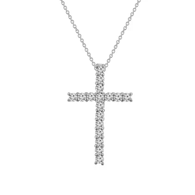Lab Created Platinum Plated Sterling Silver 0.68 cttw Religious Clear Cubic Zirconia Latin Cross Pendant Necklace