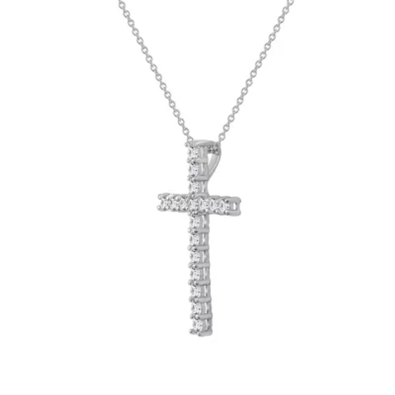 Lab Created Platinum Plated Sterling Silver 0.68 cttw Religious Clear Cubic Zirconia Latin Cross Pendant Necklace