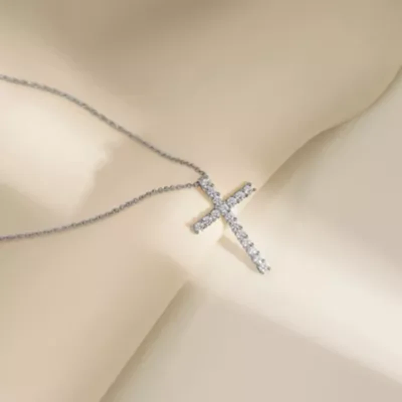 Lab Created Platinum Plated Sterling Silver 0.68 cttw Religious Clear Cubic Zirconia Latin Cross Pendant Necklace