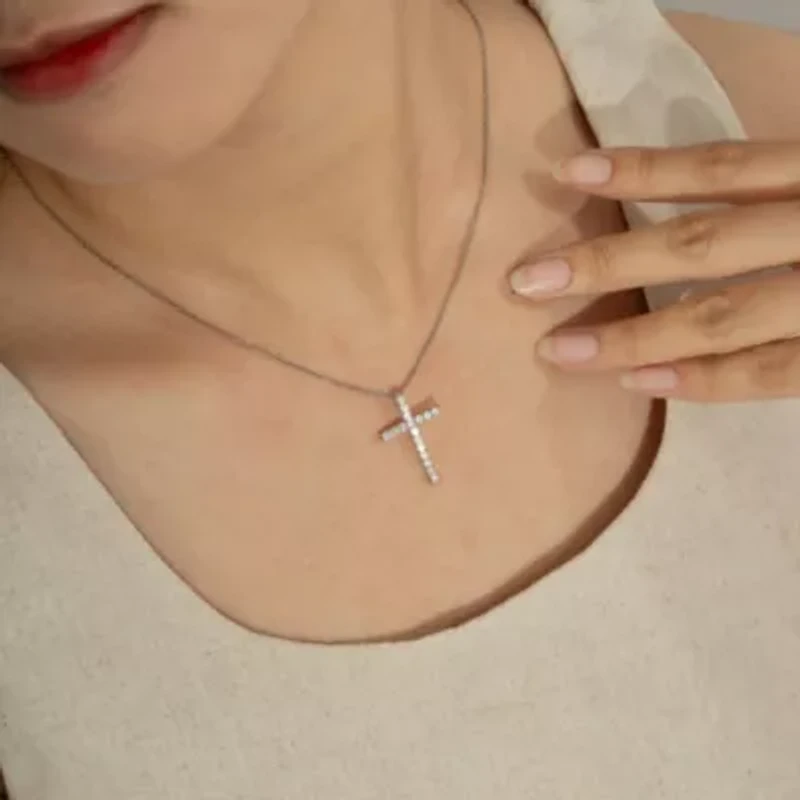 Lab Created Platinum Plated Sterling Silver 0.68 cttw Religious Clear Cubic Zirconia Latin Cross Pendant Necklace