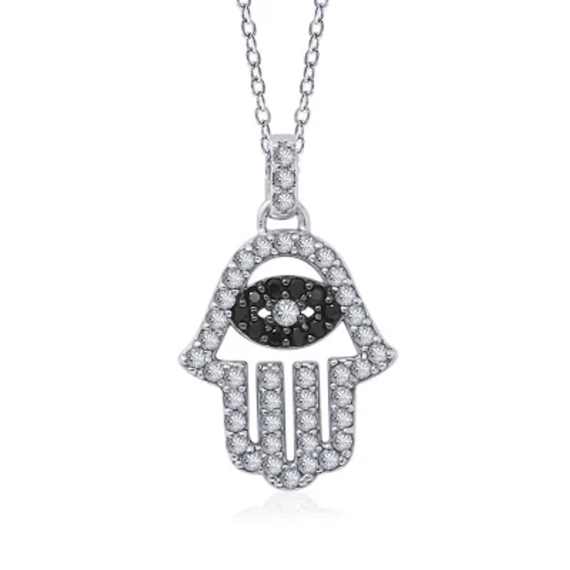 Lab Created Platinum Plated Sterling Silver CZ, Natural and Synthetic Black Spinel Evil Eye Hamsa Hand Lucky Pendant Necklace