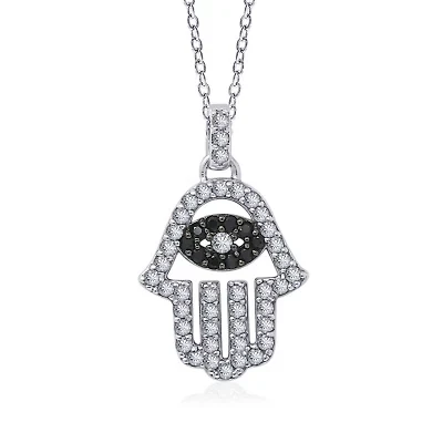 Lab Created Platinum Plated Sterling Silver CZ, Natural and Synthetic Black Spinel Evil Eye Hamsa Hand Lucky Pendant Necklace